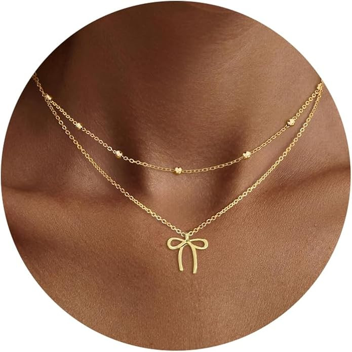 Gold Necklaces for Women Trendy, Dainty Gold Bow Necklace 14k Gold Plated Cute Layered Bow Pendan... | Amazon (US)