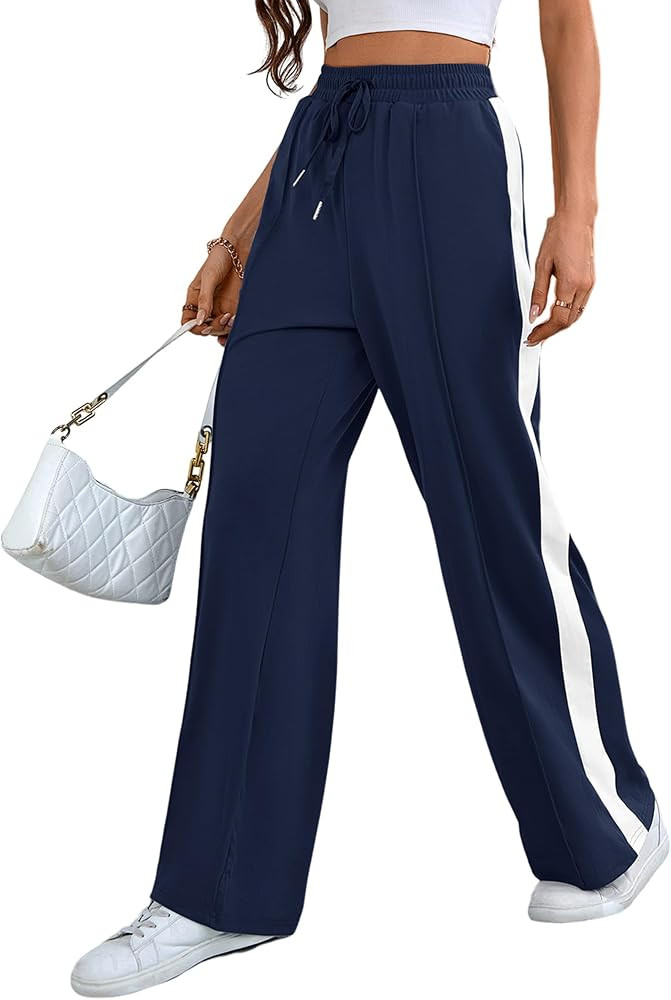 Wide Leg Sweatpants Women High Waisted Baggy Sweat Pants Active Striped Track Pants with Pockets | Amazon (US)
