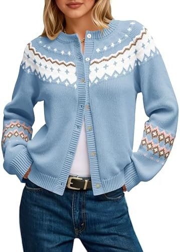 Saodimallsu Womens Fair Isle Sweater Button Up Long Sleeve Cardigans Crew Neck Open Front Knit Vi... | Amazon (US)