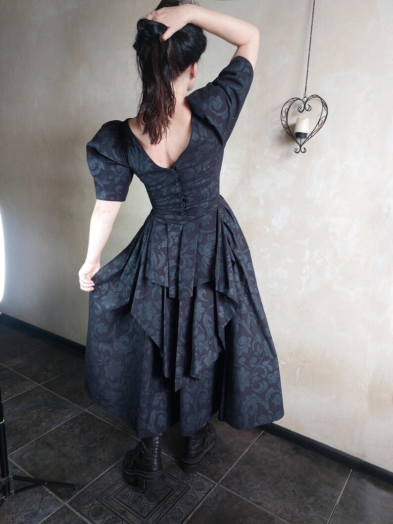 LAURA ASHLEY Vintage 80s Evening Goth Black Maxi Backless Dress With Puff Sleeves and Tail. Roses... | Etsy (US)