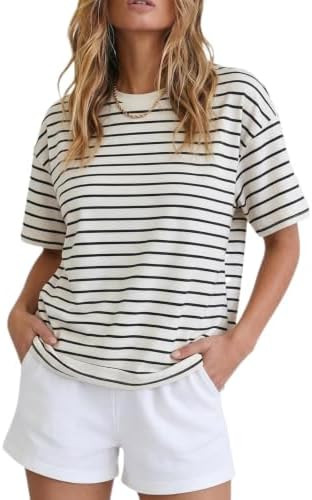 Allimy Women's Vintage Boxy Cropped Tee Short Sleeve Striped T Shirt Loose Fit Tops Casual Summer... | Amazon (US)