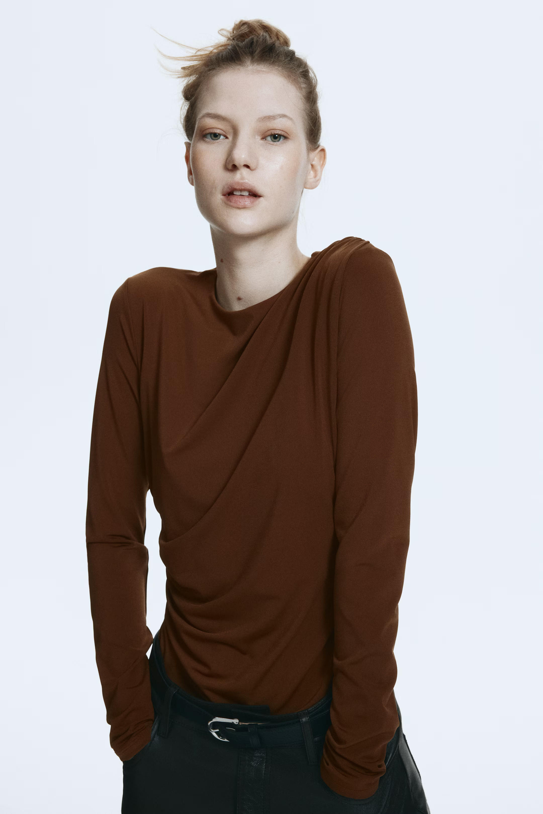 Draped Jersey Top - Brown - Ladies | H&M US | H&M (US + CA)
