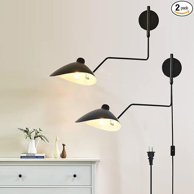 Industrial Plug in Wall Sconce Set of 2, Black Wall Sconces Swing Arm Angle Adjustable Vintage Wa... | Amazon (US)