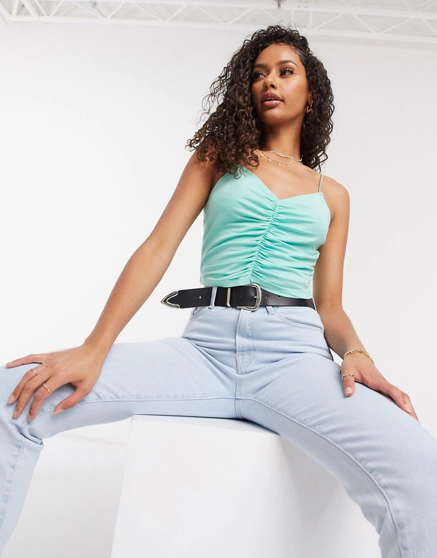 ASOS DESIGN crop cami with ruched front and skinny straps in mint-Green | ASOS (Global)