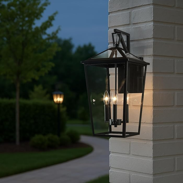 DANCYHOME H22 inch 3-Light Large Outdoor Wall Sconce Farmhouse Waterproof Matte Black Exterior Lantern with Clear Glass and Open Bottom for Porch Garage Entryway | Amazon (US)