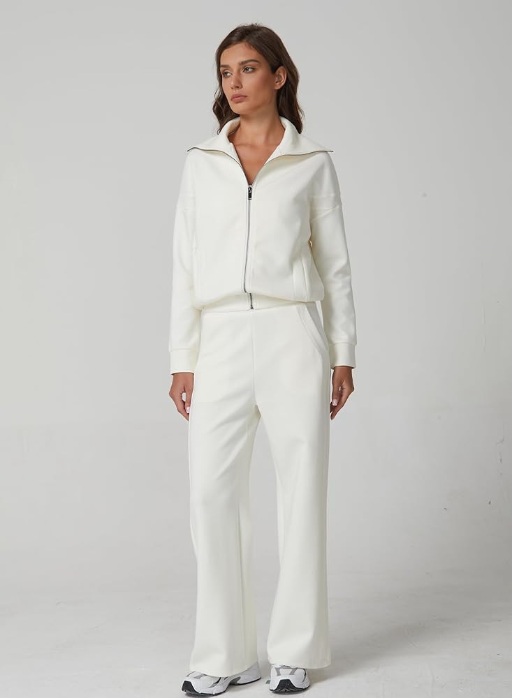 QINSEN Women's Cotton 2 Piece Outfits Lapel Long Sleeve Zip Up Sweatshirt Wide Leg Pants Matching... | Amazon (US)