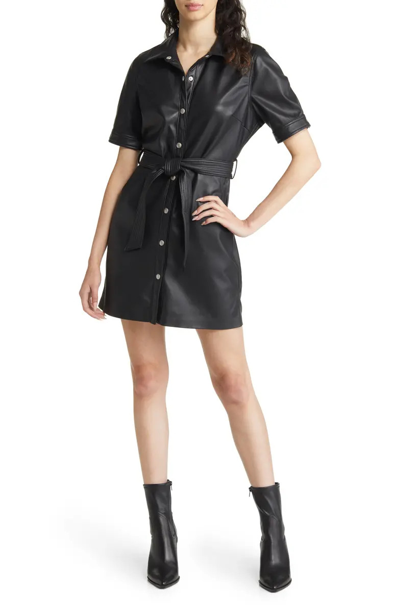 BLANKNYC Tie Waist Faux Leather Mini Shirtdress | Nordstrom | Nordstrom
