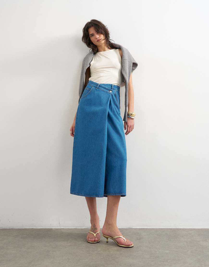 Topshop denim midi wrap circle skirt in mid blue | ASOS (Global)