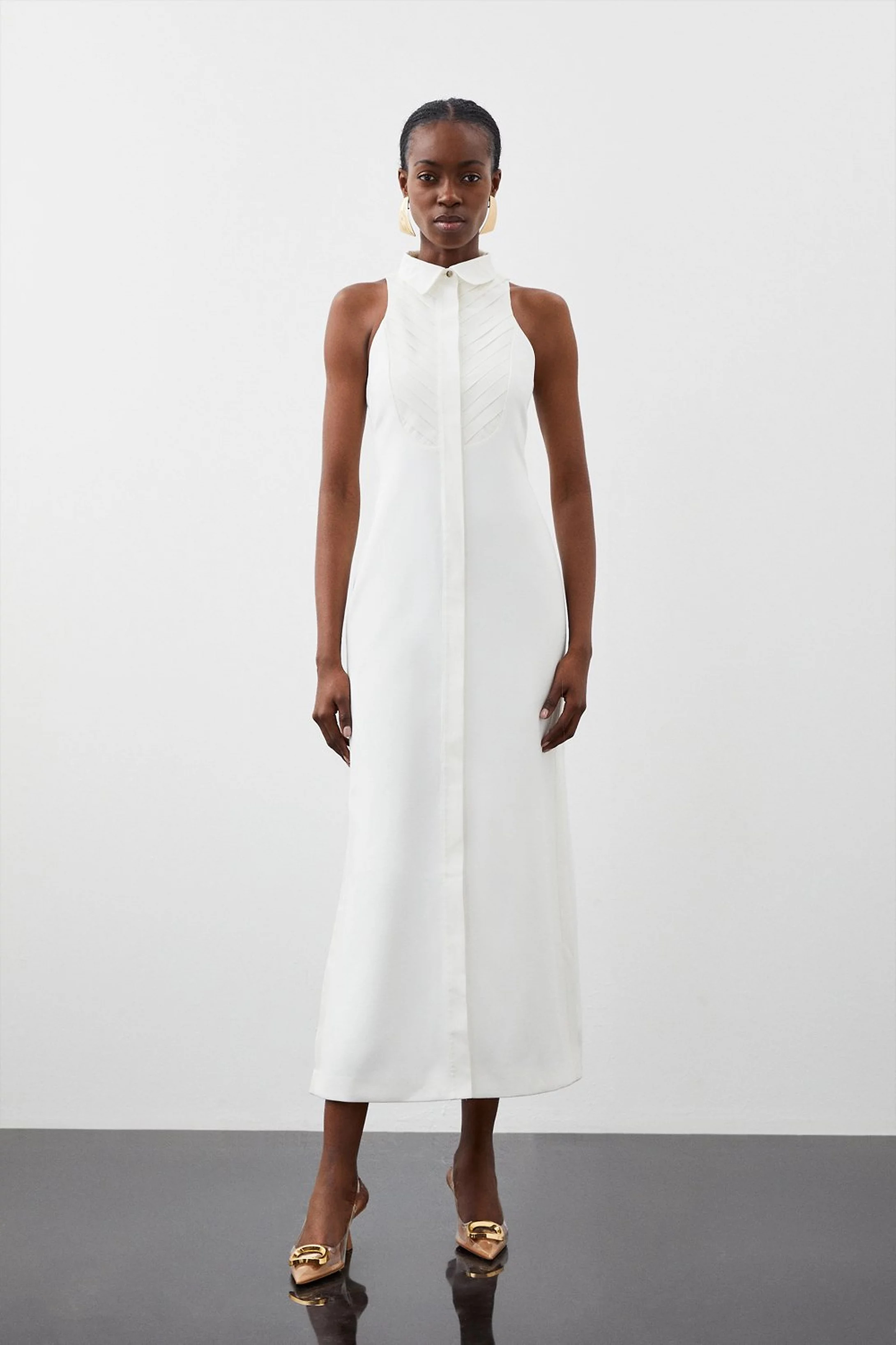Tailored Compact Stretch Tuxedo Halter Neck Maxi Dress | Karen Millen US