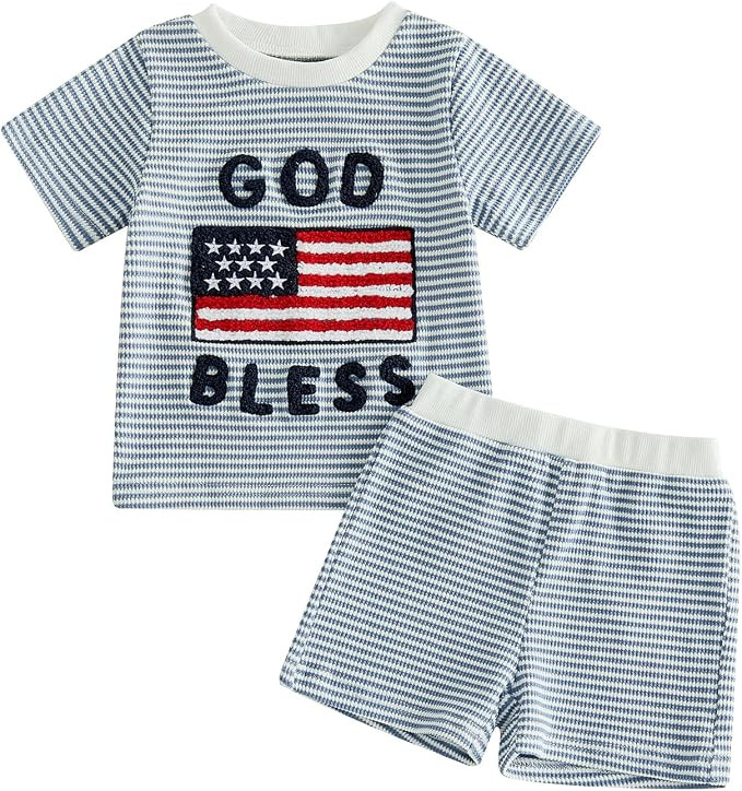 Toddler Baby Boy 4th of July Outfits Lettered Flag Embroidery Striped Short Sleeves T-Shirt Short... | Amazon (US)