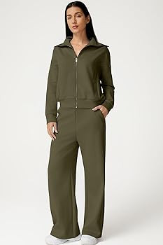 QINSEN Women's Cotton 2 Piece Outfits Lapel Long Sleeve Zip Up Sweatshirt Wide Leg Pants Matching... | Amazon (US)