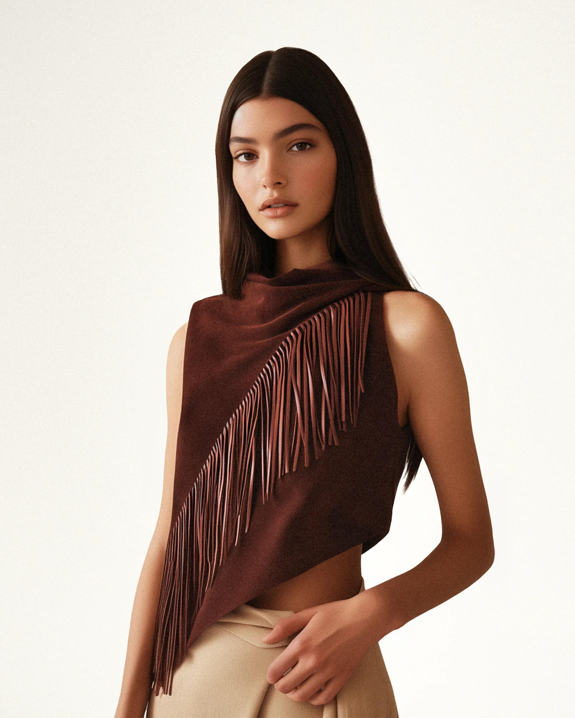Adeline Asymmetric Fringe Sueded Top - Burgundy | JW PEI US