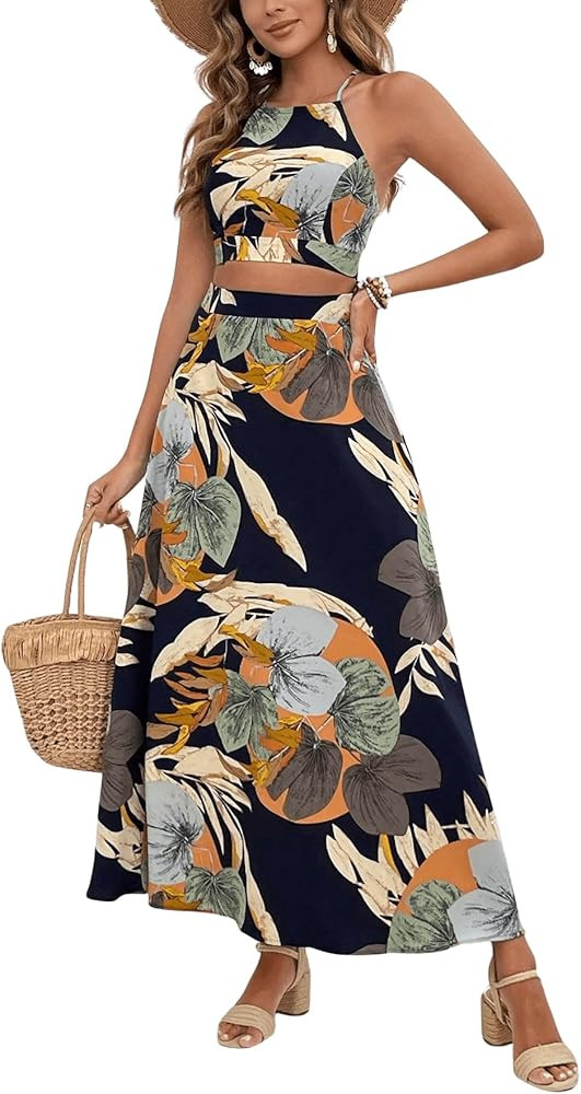 Women's 2 Piece Outfits Tropical Print Beach Outfits Tie Cami Crop Top and Split Maxi Skirt Sets ... | Amazon (US)