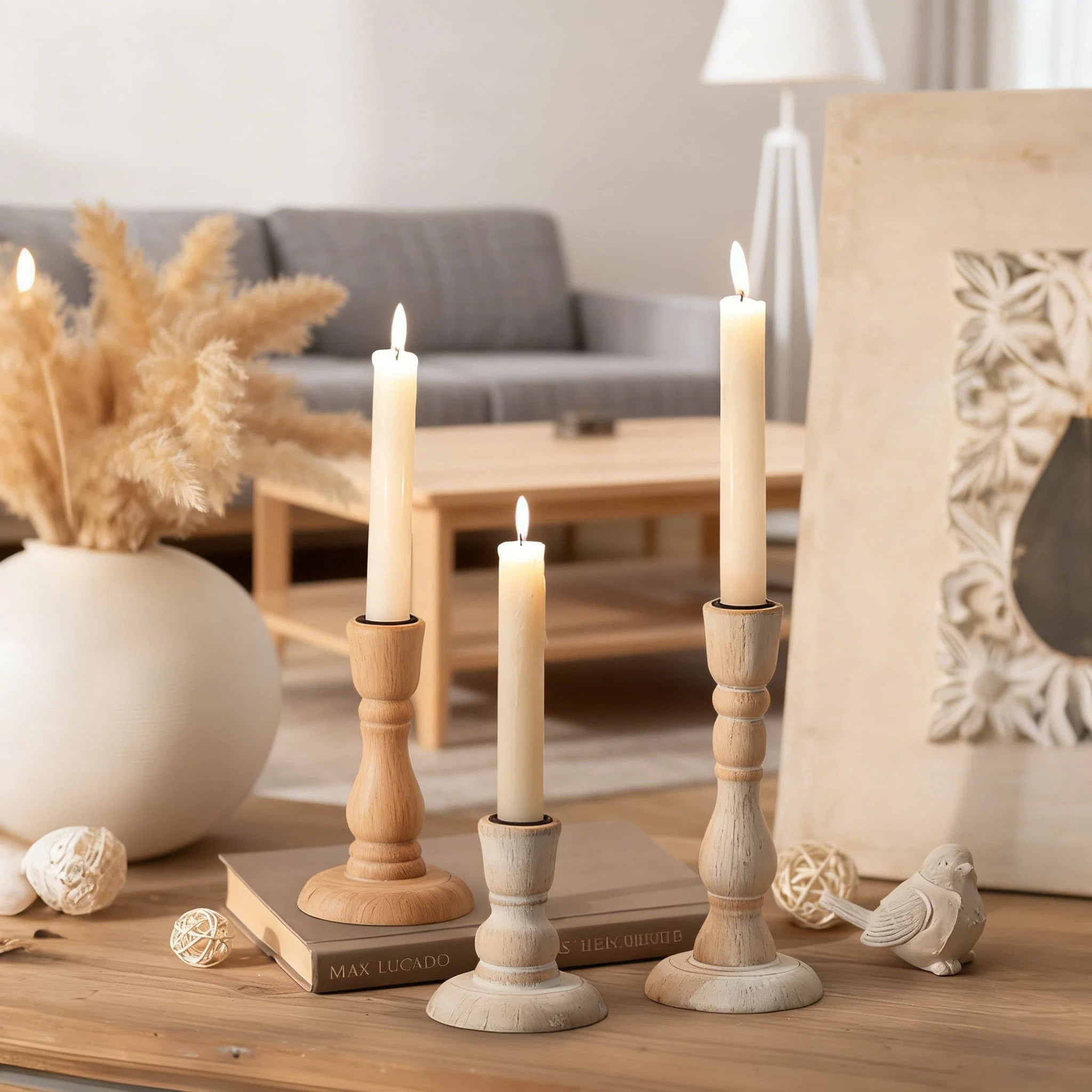 Rustic Wooden Taper Candlestick Holders Set Of 3 With Metal Safety Cups For Farmhouse Boho Home D... | Wayfair North America