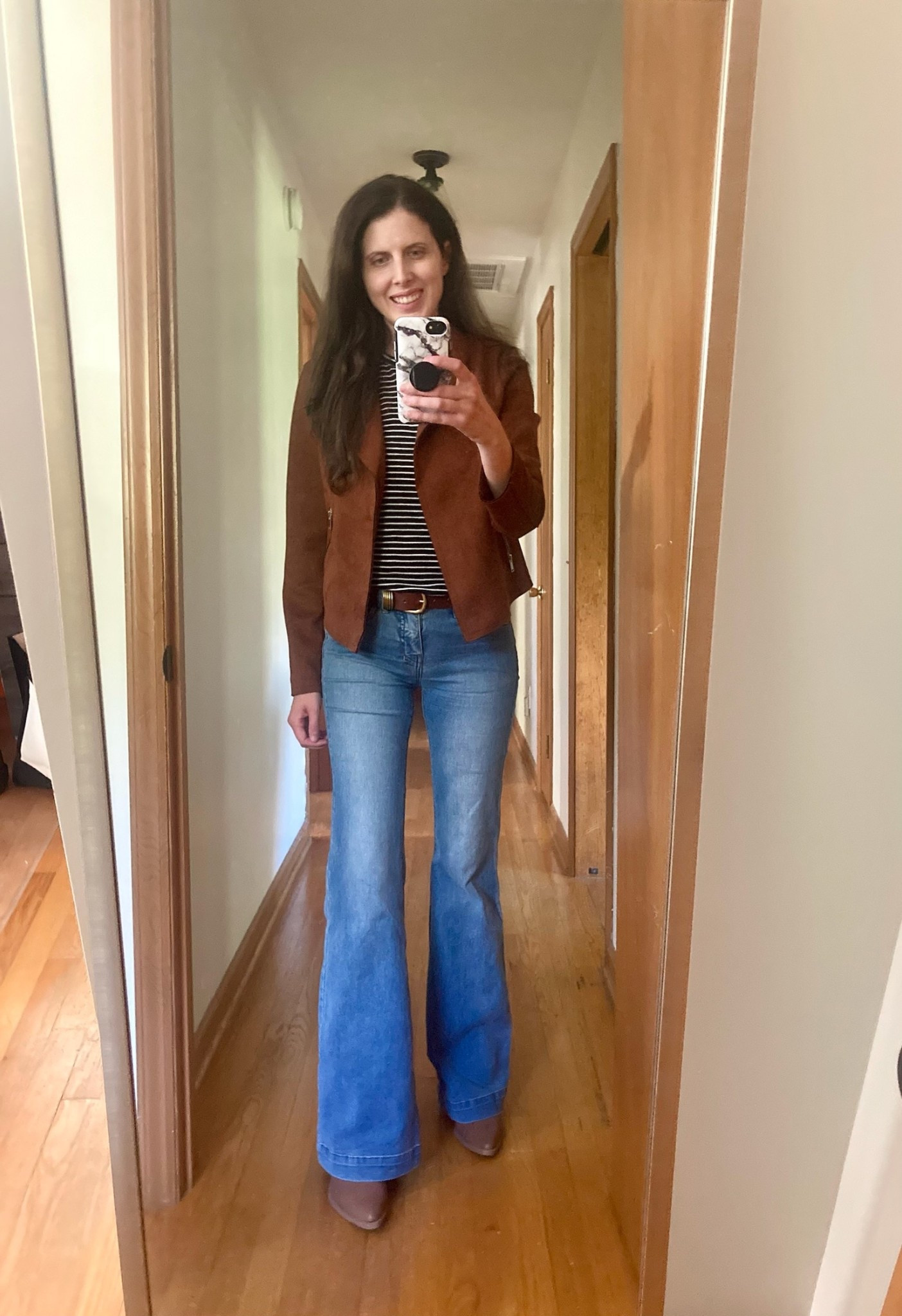 Weekend outfit I wore over to a winery fall festival! 

Flare jeans, wide leg jeans, denim outfit, stripe tee, suede jacket, chocolate brown suede jacket, fall outfit, casual fall outfit. 

#LTKFallSale #LTKFindsUnder50 #LTKFindsUnder100