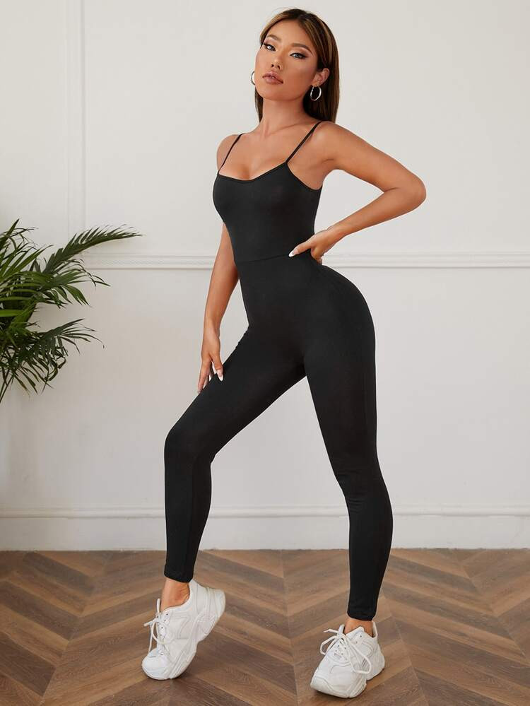 SHEIN PETITE Solid Backless Unitard Jumpsuit | SHEIN