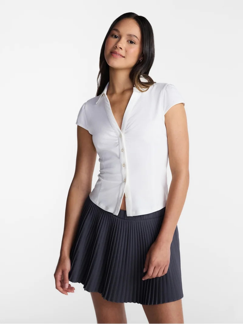 No Boundaries Knit Ruched Collared Shirt, Women's XXS-XXL | Walmart (US)
