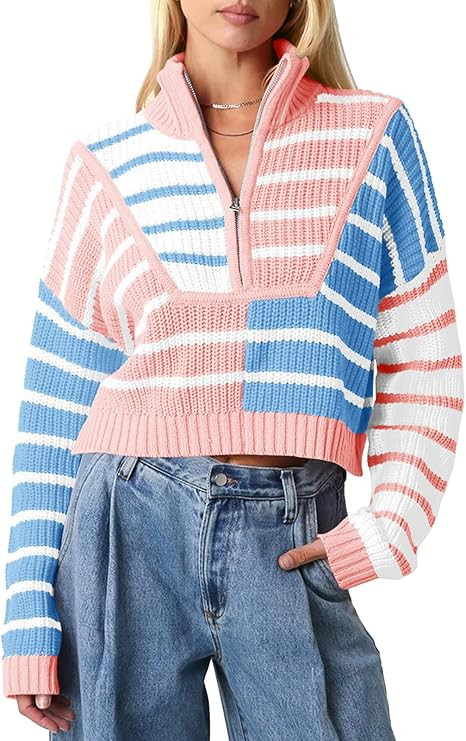 Saodimallsu Womens Striped Cropped Sweater Color Block Zip Up Long Sleeve Mock Neck Loose Pullove... | Amazon (US)