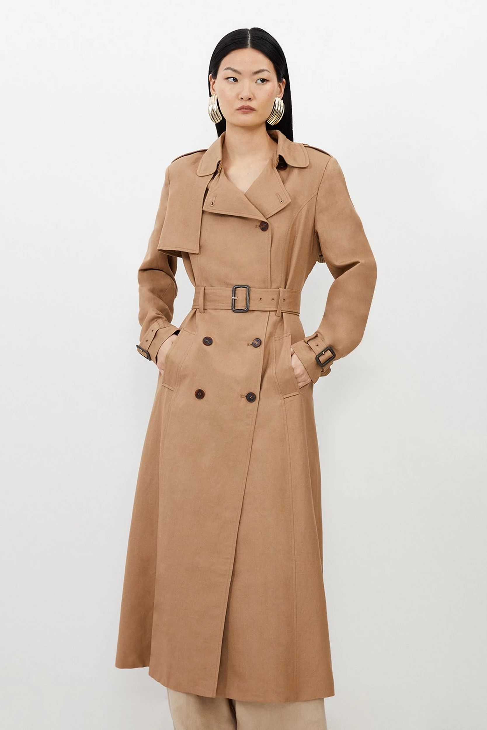 Soft Viscose Linen Tailored Belted Trench Coat | Karen Millen US