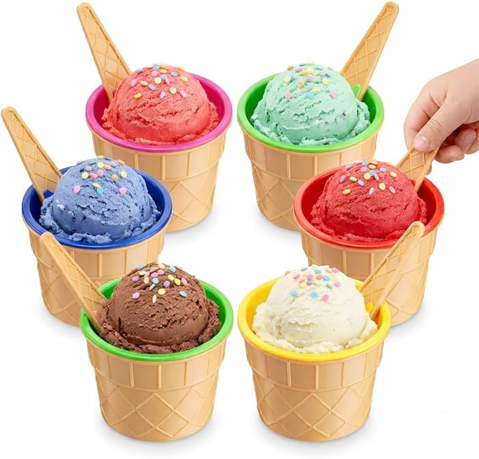 Ice Cream Bowls and Spoons Set - (Pack of 12) Reusable Plastic Ice Cream Cups and Waffle Cone Sha... | Amazon (US)