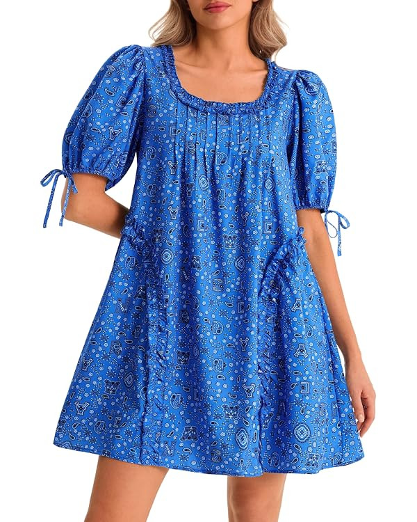 Wenrine Womens Babydoll Mini Dresses Casual Polka Dot Short Sleeve Square Neck Oversized Cute Sum... | Amazon (US)