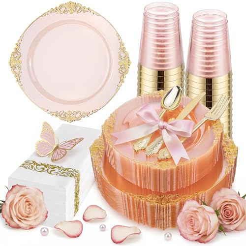 Hioasis 175pcs Pink and Gold Plates - Pink Party Plates for 25 Guest, Include 50 Heavy-duty Plates(20% Thicker Than Standard), 75 Cutlery Set, 25 Napkin, 25 Cups for Party & Easter & Mother’s Day | Amazon (US)