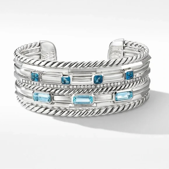 David Yurman Stax Wide Cuff Bracelet with Blue Topaz and Diamonds | Poshmark
