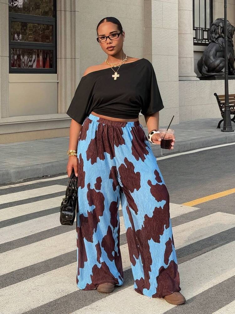 Blue brown print wide leg trousers  | SHEIN