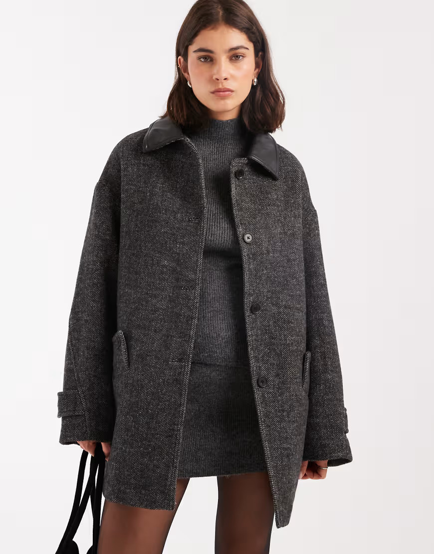 ASOS DESIGN wool blend textured jacket with collar in herringbone-Black | ASOS (Global)