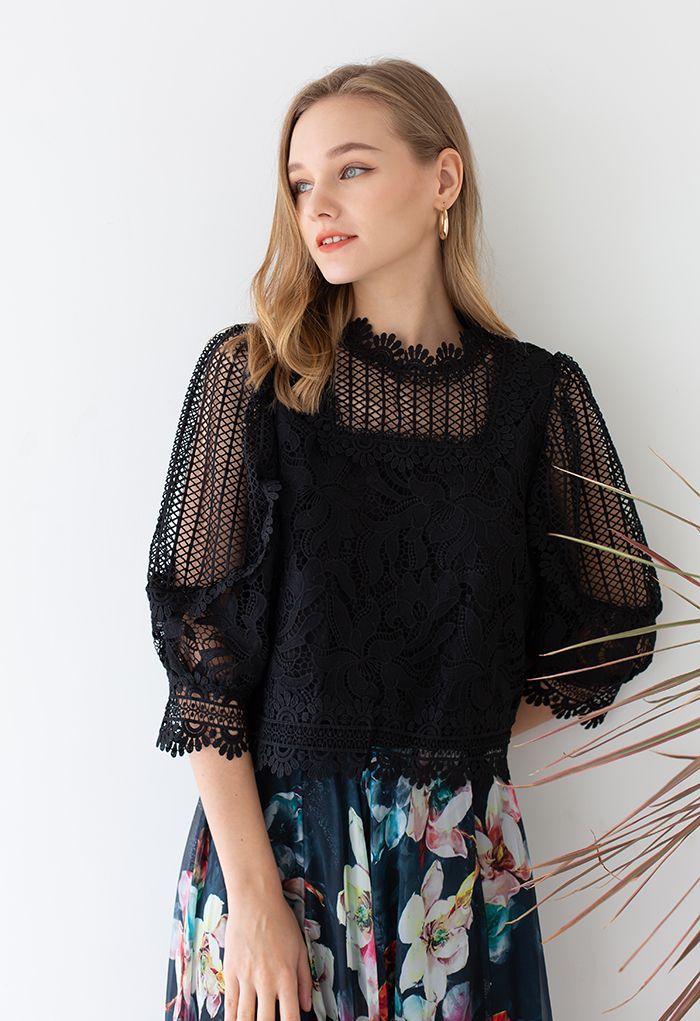 Crochet Blossom Puff Sleeve Top in Black | Chicwish