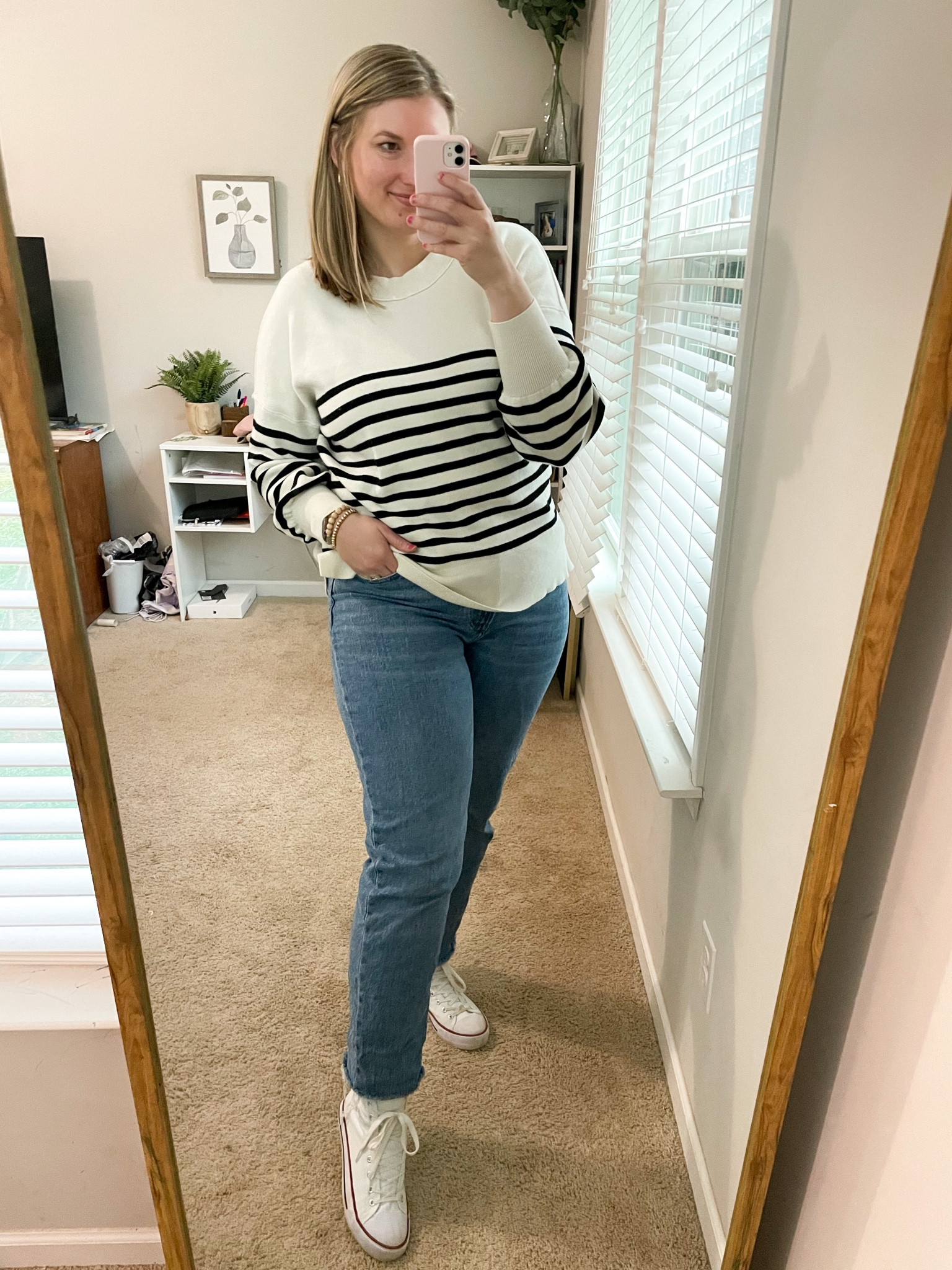 Striped sweater. Jeans. High tops  

#LTKstyletip #LTKunder100 #LTKSeasonal