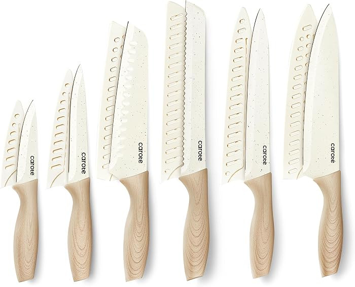 CAROTE 12-Piece Knife Set, Knives with Wood-Grain Finish Handles, White | Amazon (US)