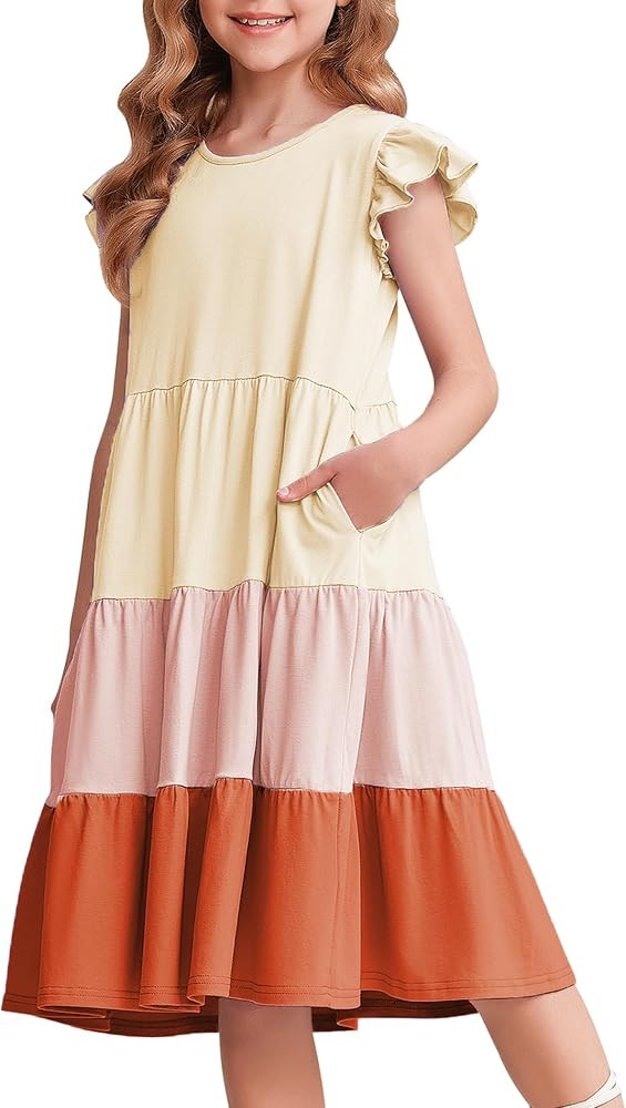 Arshiner Girl's Summer Dresses Ruffle Sleeve Tiered Swing Midi Casual Sundress with Pockets | Amazon (US)