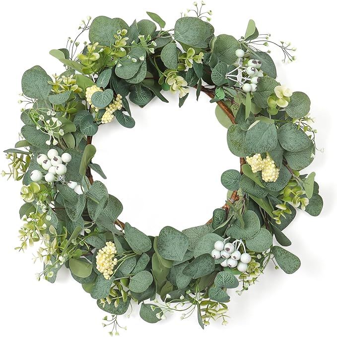Dremisland Wreaths for Front Door 20'' Eucalyptus Wreath Spring Summer Green Wreath with White Be... | Amazon (US)