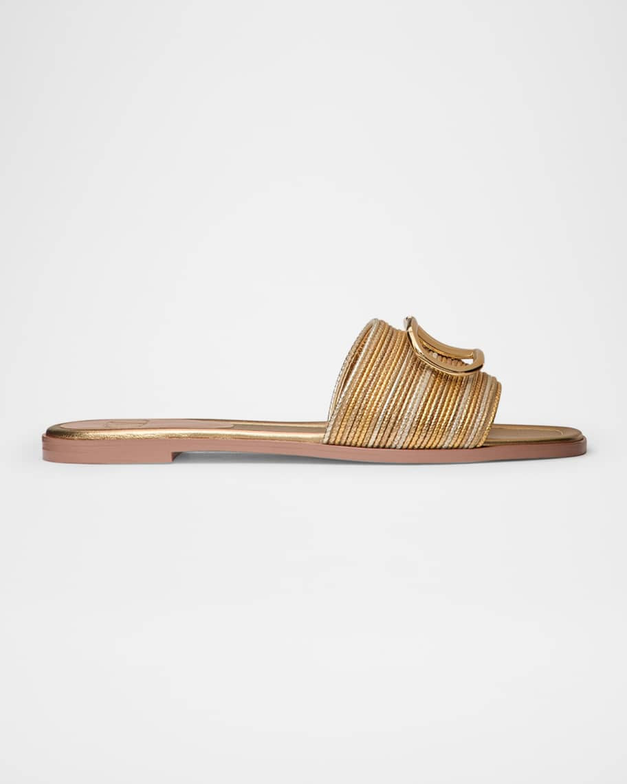 Valentino Garavani VLogo Metallic Flat Slide Sandals | Neiman Marcus