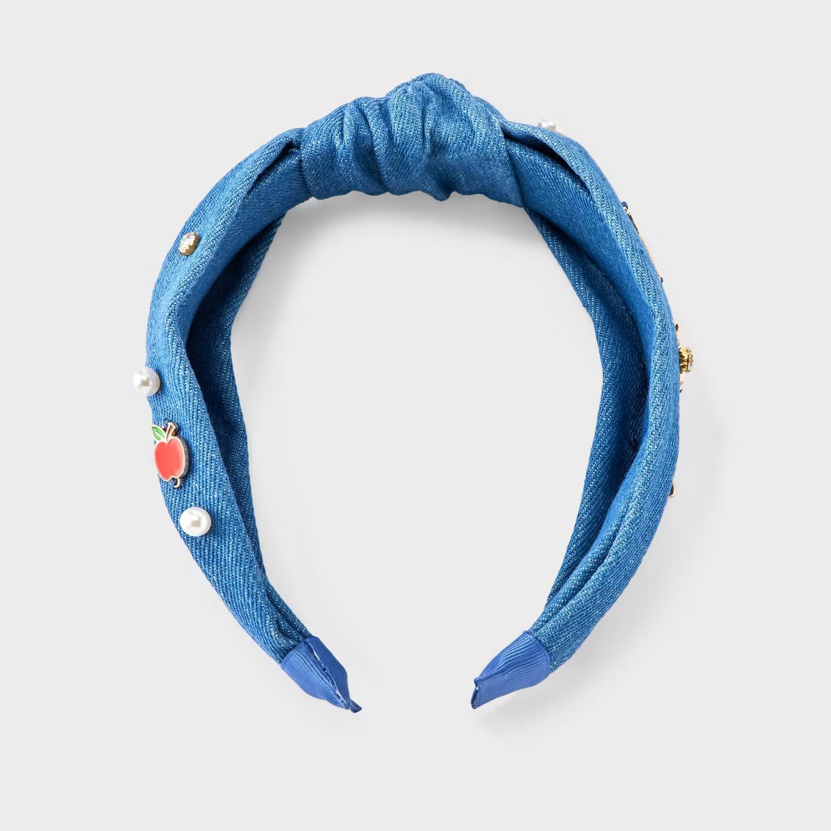 Back to School Icon Pearl Denim Top Knot Headband - Blue | Target