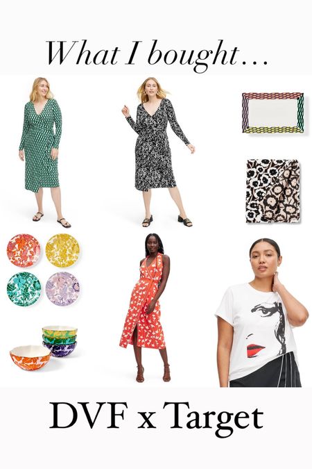 What I bought from the Diane von Furstenburg x Target collection! Wrap dresses, tee shirt, halter style dress, toile flower plates and bowls, floral throw blanket, and geometric serving tray  

#LTKworkwear #LTKstyletip #LTKhome