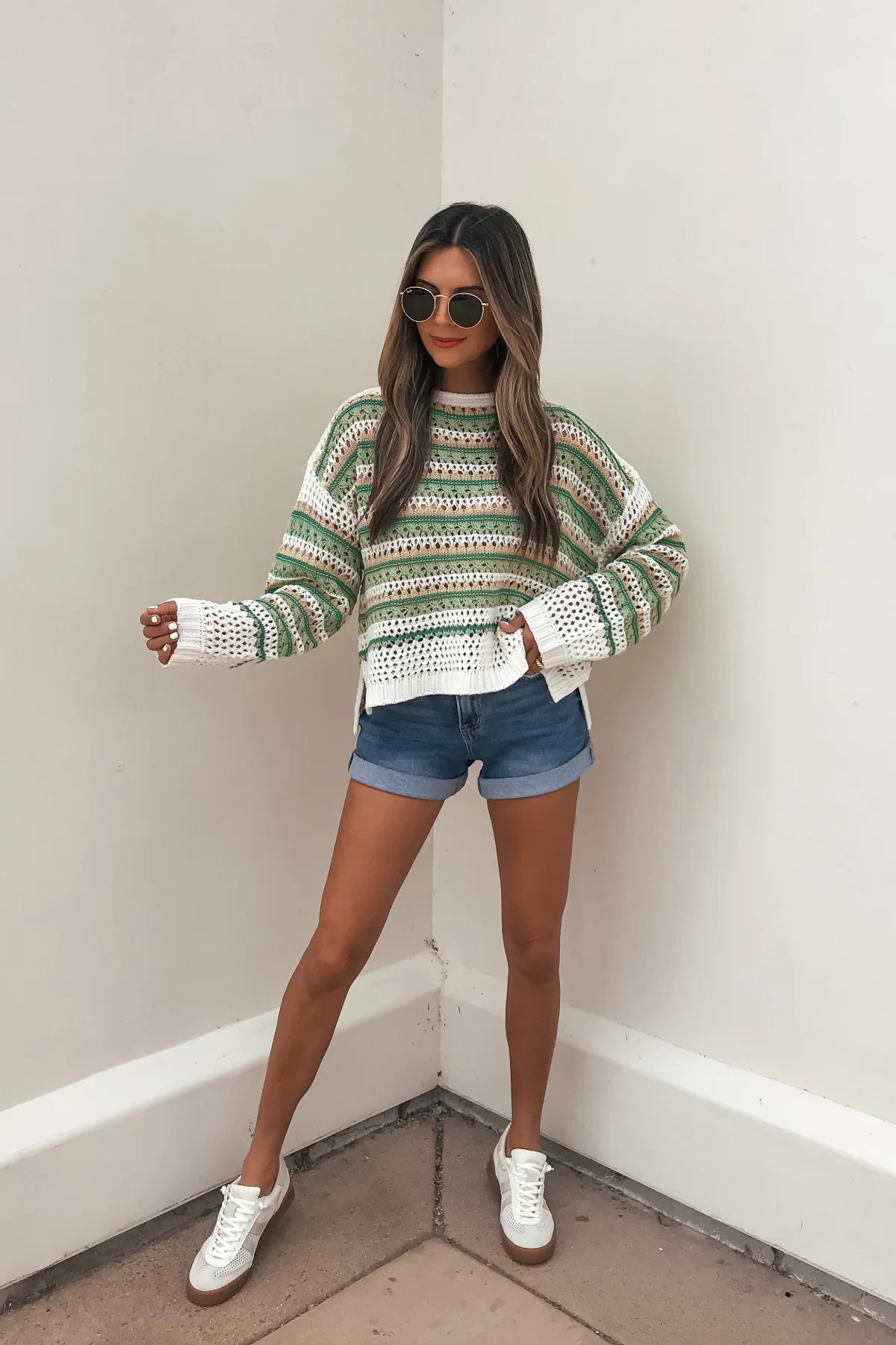 Women's Striped Boatneck Sweater - Multi Green | Magnolia Boutique