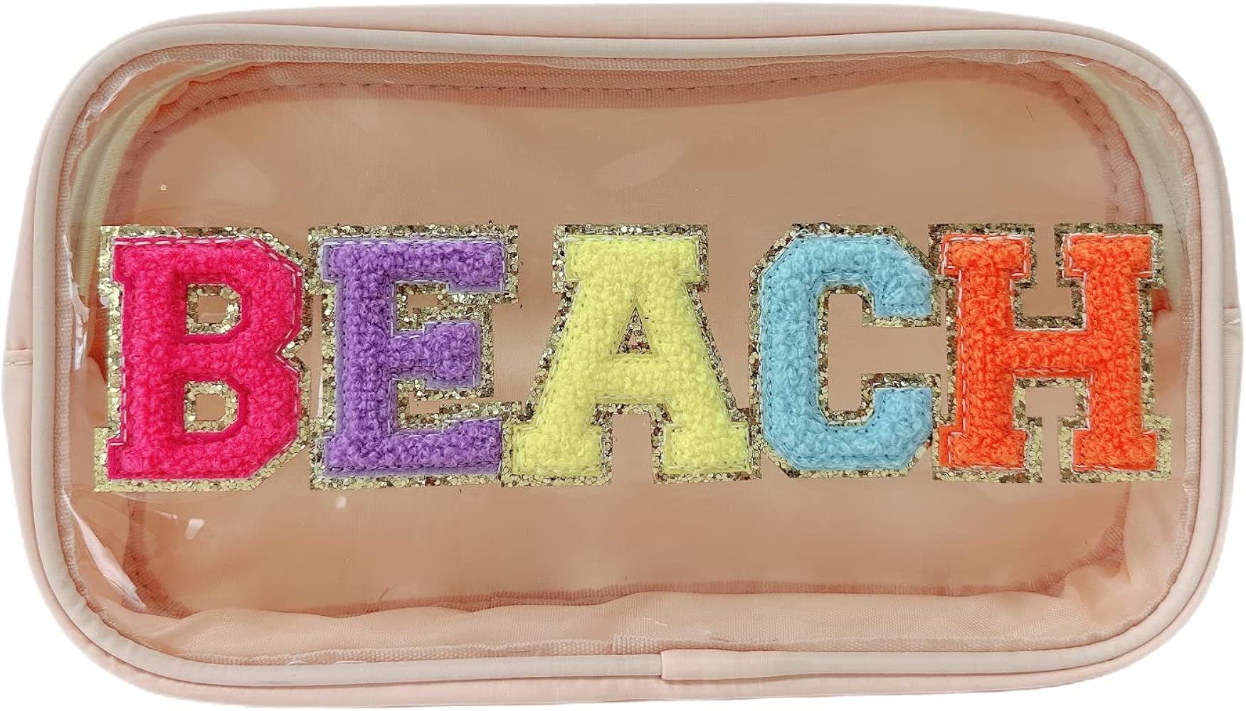 Clear Makeup Letter Bag Chenille Letter patch Beach Makeup Bag Cosmetic Bag for Beach Travel Nylo... | Amazon (US)