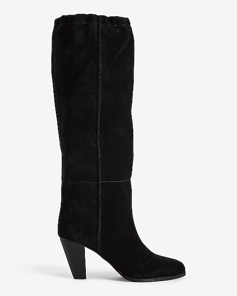Brian Atwood x Express Suede Scrunch Mid-Calf Heeled Boots | Express