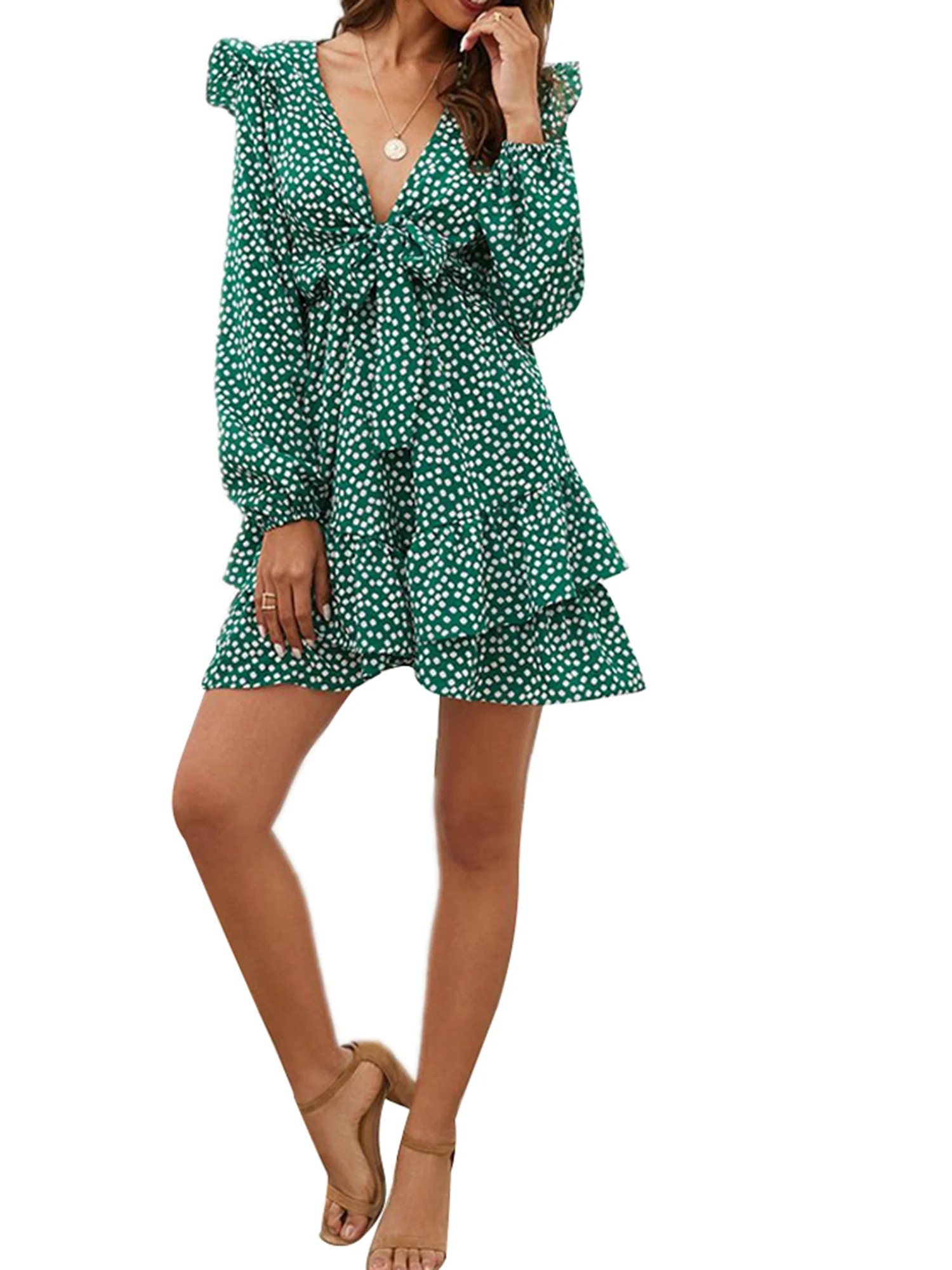 Women Dress Floral Deep V-Neck Long Sleeve Short Dress Green for autumn spring summer | Walmart (US)
