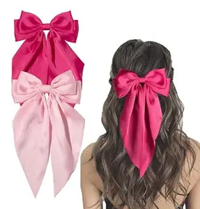 Furling Pompoms Hair Bows Clip, Hot Pink Bow for Women's Hair - 2 Pack, Elegant Satin Bow Hair Ac... | Amazon (US)