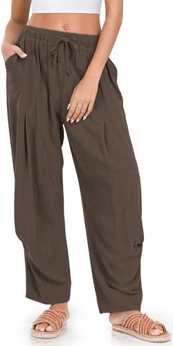 TARSE Womens Linen Palazzo Pants Baggy Casual Harem Pants with Pockets, DarkCoffee, M | Amazon (US)
