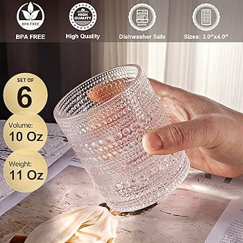hobnail Drinking Glasses Old Fashion Glass 10oZ rocks glasses Set of 6 glasses Water Juice Cockta... | Amazon (US)