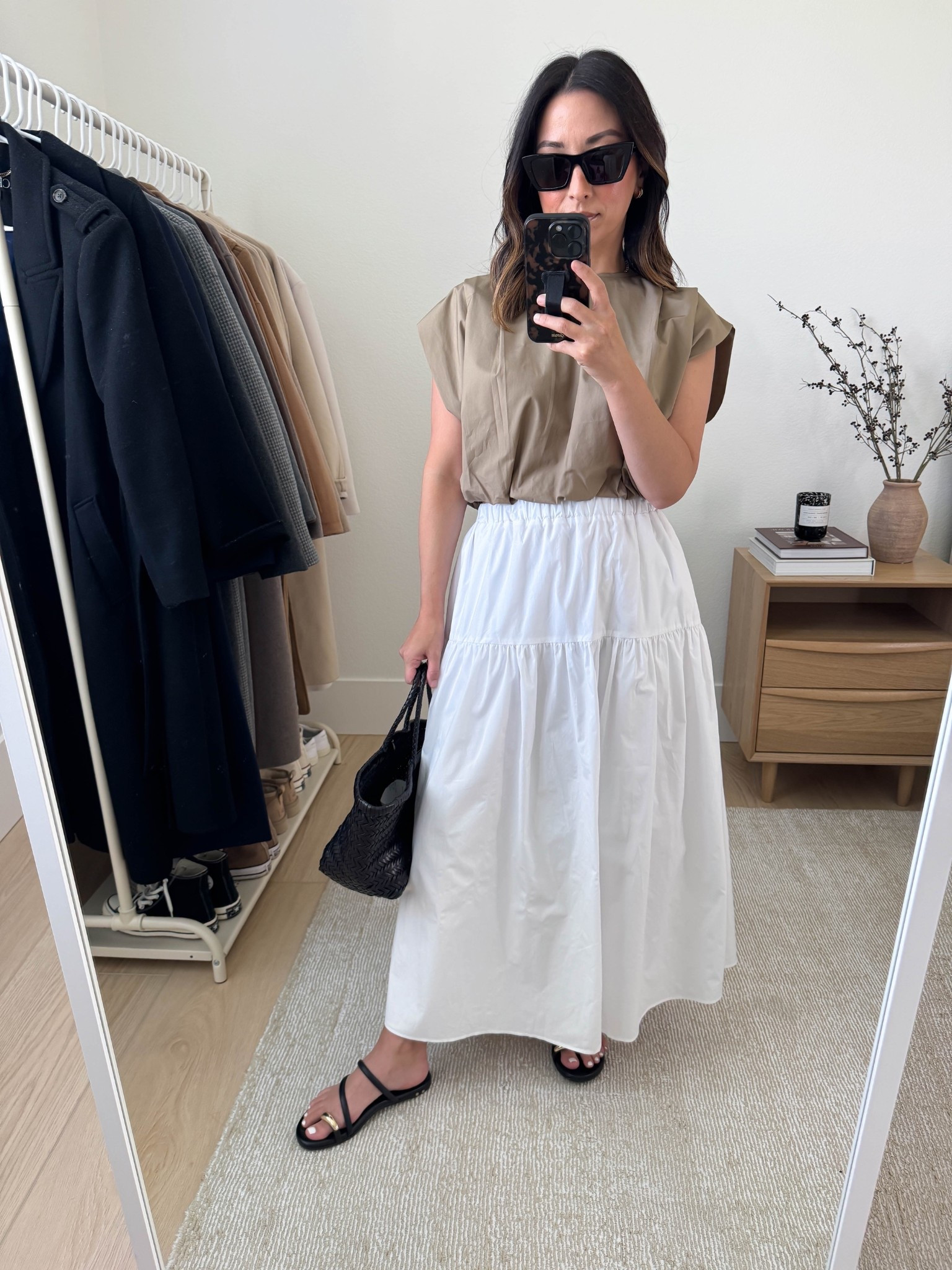 The Almina Concept midi skirt is the best one i've found! It has a stretchy waist, pockets, and lined. Great length on petites. I'm wearing the xs here, but want to try the small. 

Rebecca Minkoff top small
Almina Concept skirt xs. Cinched waist, I need to exchange for the small
Beek x Itsy Bitsy Indulgences sandals 5
Dragon Diffusion triple jump small
YSL sunglasses
J.Crew earrings
Dorsey James necklace 15"

#LTKPetite #LTKShoeCrush #LTKItBag