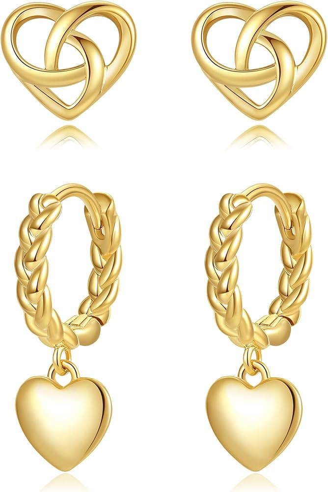 Small Gold Heart Dangle Hoop Earrings for Women Hypoallergenic 14k Real Gold Plated Lightweight Mini Huggie Hoop Earrings for Women | Amazon (US)