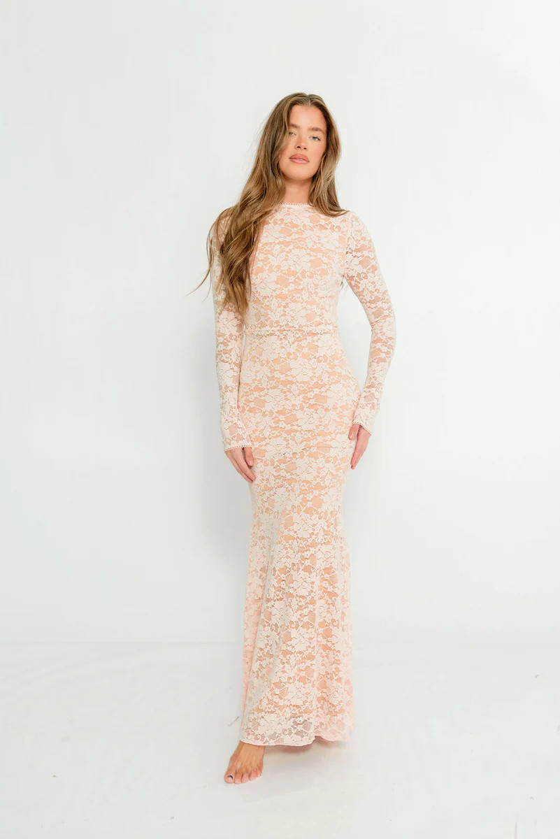 Seraphine Lace Maxi Dress in Pale Pink - Bump Friendly (Size Up for Bu | Worth Collective