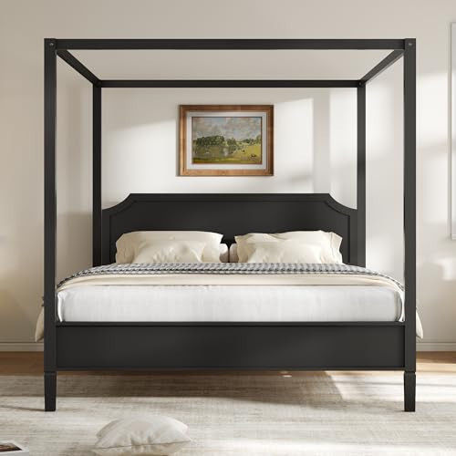 RuiSiSi King Size Canopy Bed with Headboard, Wood 4-Poster Canopy Bed Frame with Under Bed Space, Mid-Century Modern Canopy Platform Bed, No Box Spring Needed, Black | Amazon (US)