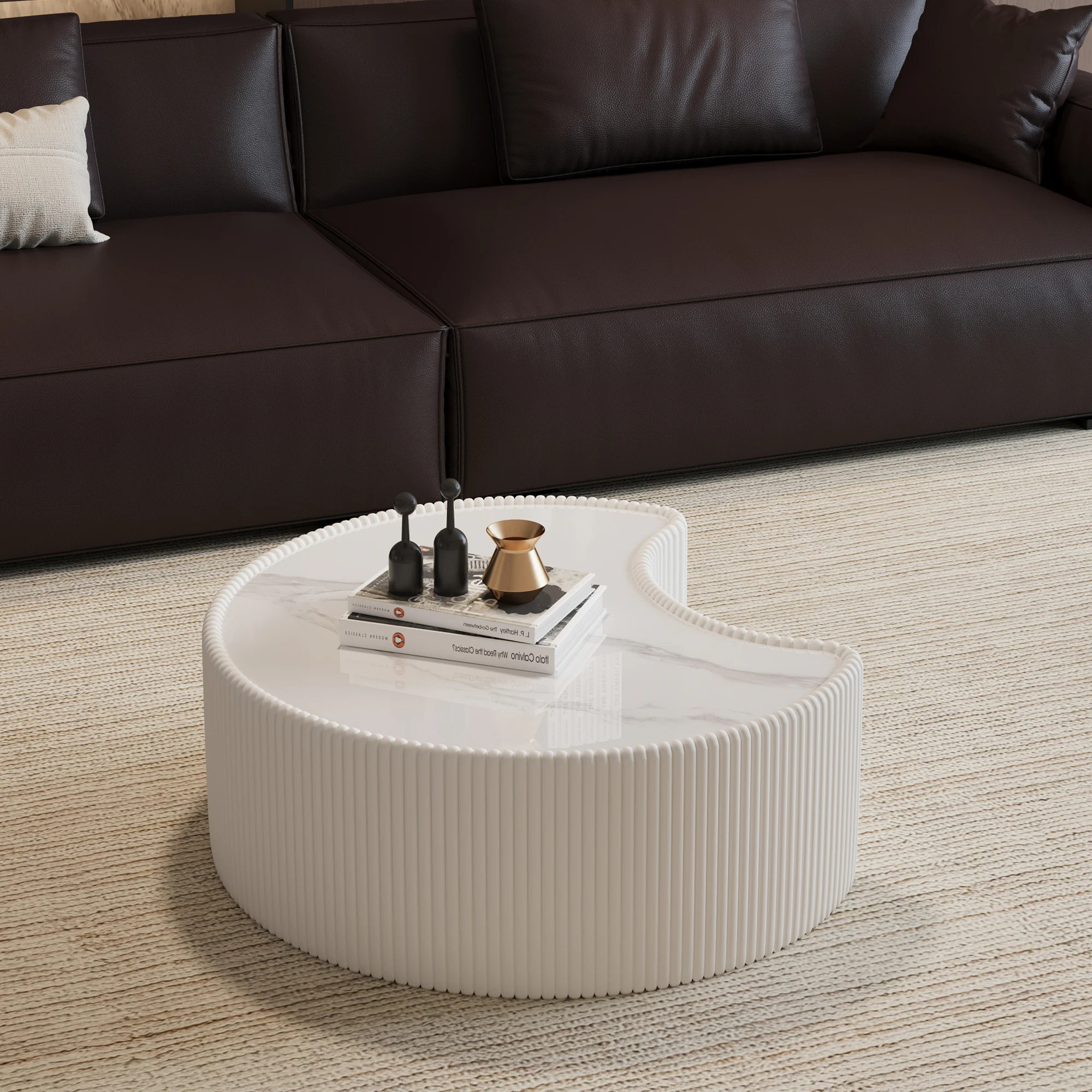 GDFStudio Indoor Modern 29.53-in Wood Sintered Stone Coffee Table with Irregular Shape and PU Leather Wrapped Base No Assembly Required Cream White | Lowe's