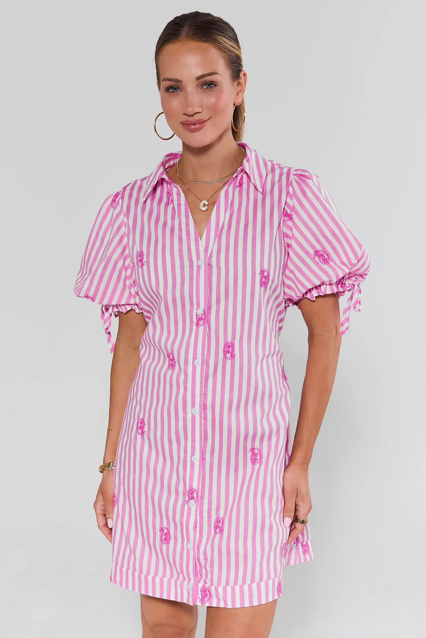 Pink Stripe Embroidered Short Dress | Avara
